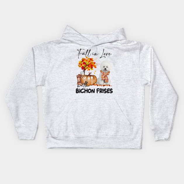 Fall In Love With Bichon Frise Fall Pumpkin Thanksgiving Kids Hoodie by cyberpunk art